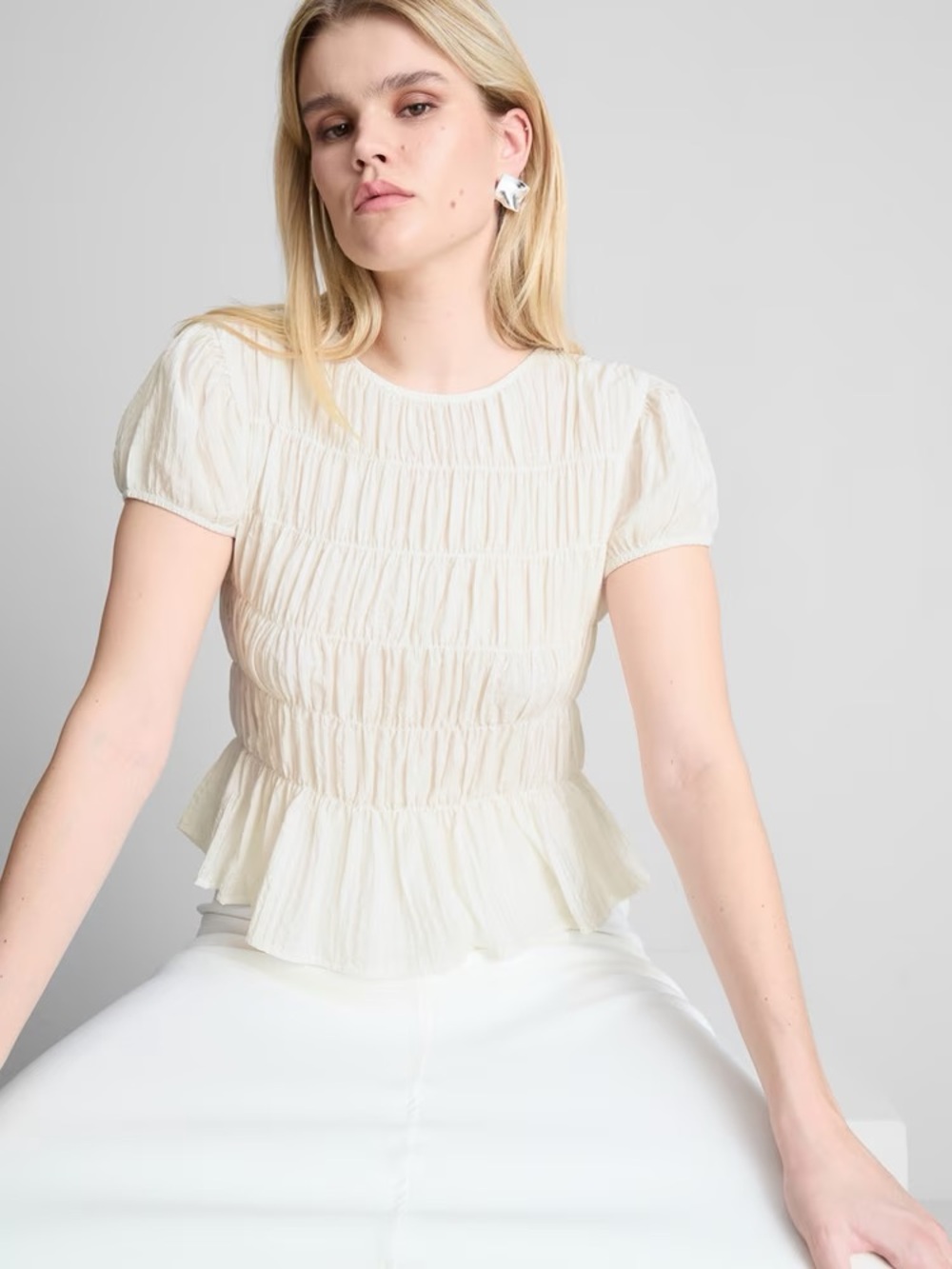 Women's White Smocked Peplum Short-Sleeve Top